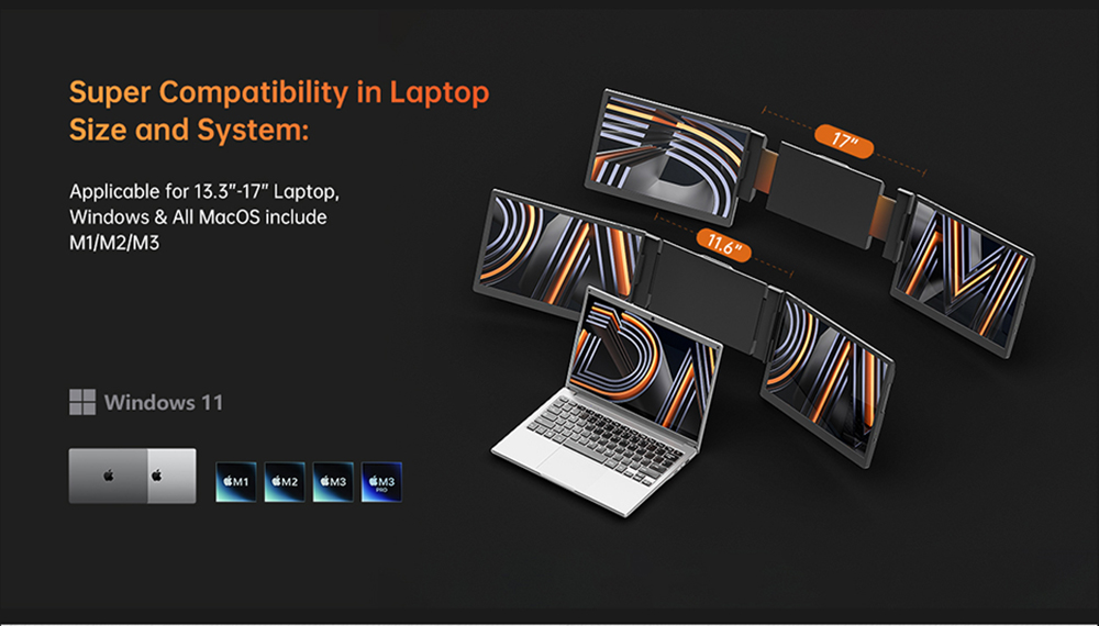 Dual Screen Portable Monitor Extender - 13～14インチPC用デュアルスクリーンLCDコンピューター、3画面ポータブル折りたたみ式ノートパソコンモニターエクステンダー、トリプルスクリーンオフィスゲーミングモニター
