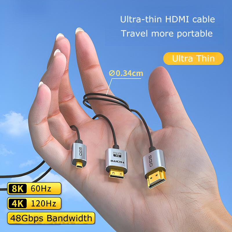 Mini Hdmi To Hdmi Cable Ultra Slim - 超薄型hdmi 2.1ケーブル,同軸,8k,非常に柔軟,スリム,コード48gbps,イヤc hdr,8k,60hz,4k,120hz,テレビボックス用ps5、ラップトップ