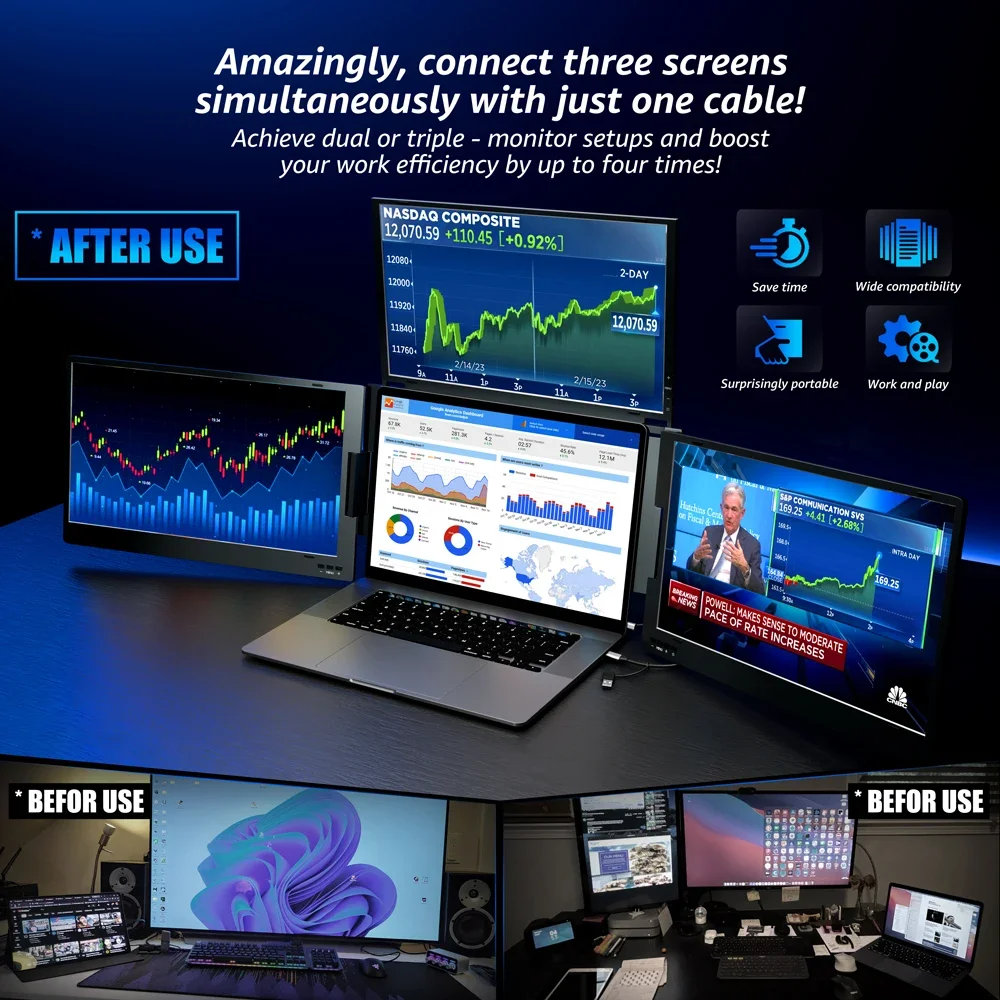 トリプルスクリーン14インチポータブルオフィス - ノートパ - Triple Screen Laptop Monitor Foldable のレビューと価格